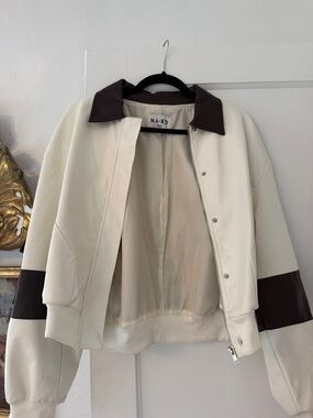 Cream and Dark Brown Leather-Trim Bomber Jacket